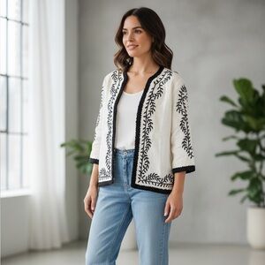 Linea XS Cream Black Embroiderd Linen Open Jacket Classic Lined Side Slit Blazer